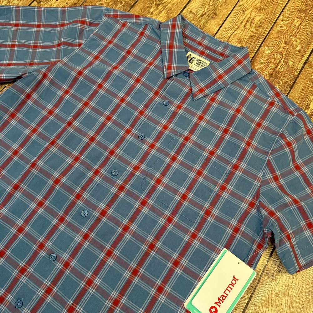 Marmot Eldridge Classic SS Button Up Mens Large Rain Cloud Plaid Pocket